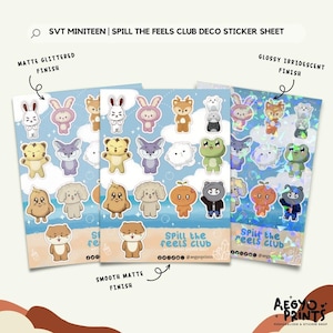 Peut inclure: Trois planches d'autocollants avec des personnages d'animaux de dessins animés. Les feuilles ont une finition mate pailletée, mate lisse et irisée brillante. Le texte comprend "SVT MINITEEN | SPILL THE FEELS CLUB DECO STICKER SHEET" et "Spill the feels club".