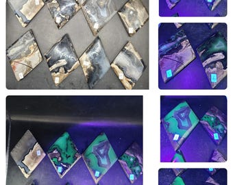 May include: A collection of 10 agate slices, each with unique patterns and colors. The slices are arranged in a diamond shape, with the numbers 1 through 10 written on each slice. The slices are illuminated with a UV light, causing them to glow in various shades of green, purple, and pink.