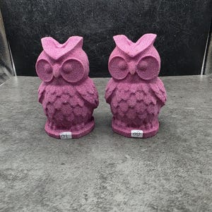 Puede incluir: Dos figuras de búho idénticas de color fucsia con una superficie texturizada y granulada. Cada búho presenta grandes ojos circulares, mechones de orejas puntiagudos y plumas de ala detalladas. Una pequeña etiqueta blanca con el número 01 o 02.
