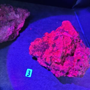May include: A close-up of several rocks illuminated by a black light, displaying a vibrant pink and red glow. The rocks are rough and textured, with a blue background. A small, square label with the number "3" is visible.