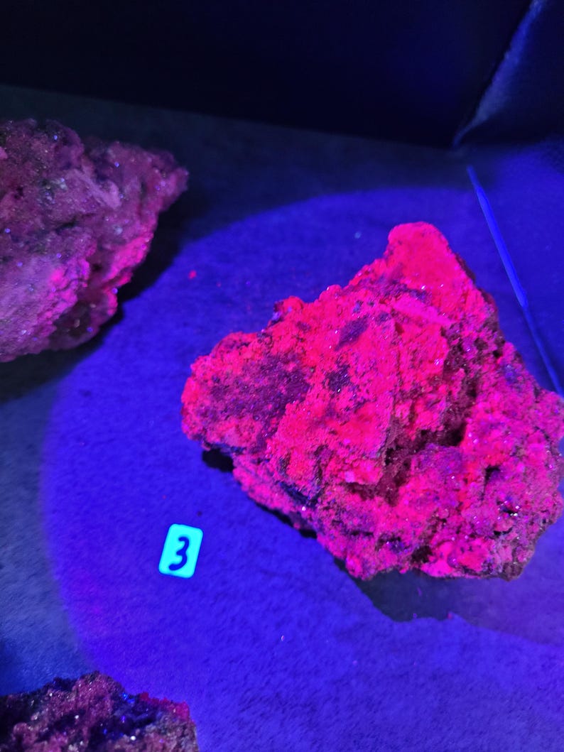 May include: A close-up of several rocks illuminated by a black light, displaying a vibrant pink and red glow. The rocks are rough and textured, with a blue background. A small, square label with the number "3" is visible.