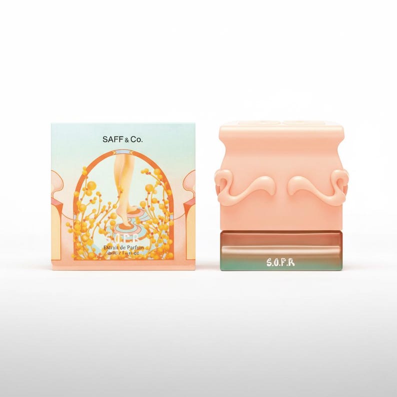 May include: A perfume bottle and box set. The perfume bottle is peach-colored with decorative swirls. The box is light blue with the text "SAFF & Co." and a graphic of a person's legs and flowers. The bottle's base is green with the text "S.O.F.R."