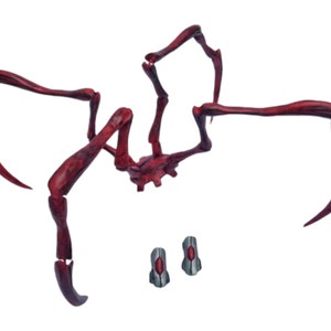 Puede incluir: Figura de plástico roja con forma de araña con ocho patas y dos pequeñas piezas plateadas. La figura está colocada con las patas extendidas.