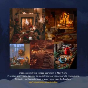 May include: A collage of cozy interior scenes, including a fireplace, a gramophone, and a bed with fairy lights. The image evokes a sense of warmth and comfort, with a focus on vintage aesthetics and winter ambiance.