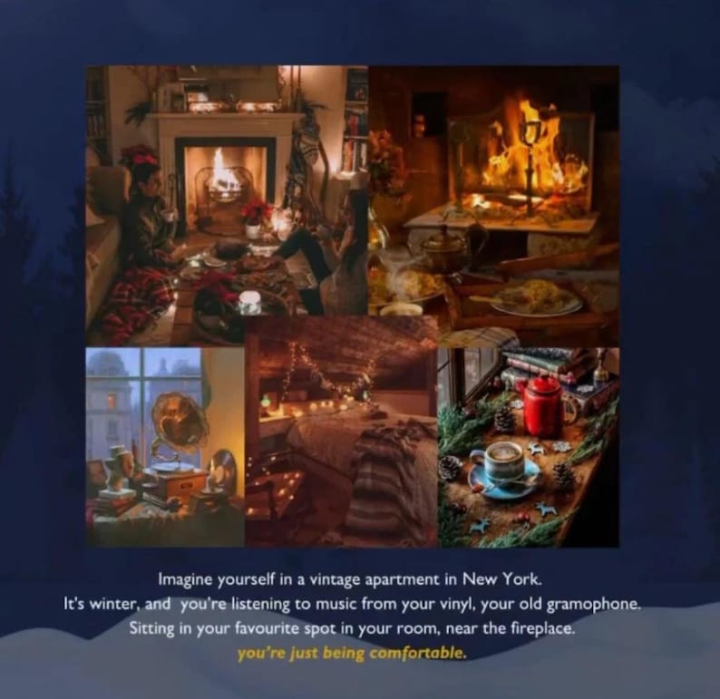 May include: A collage of cozy interior scenes, including a fireplace, a gramophone, and a bed with fairy lights. The image evokes a sense of warmth and comfort, with a focus on vintage aesthetics and winter ambiance.