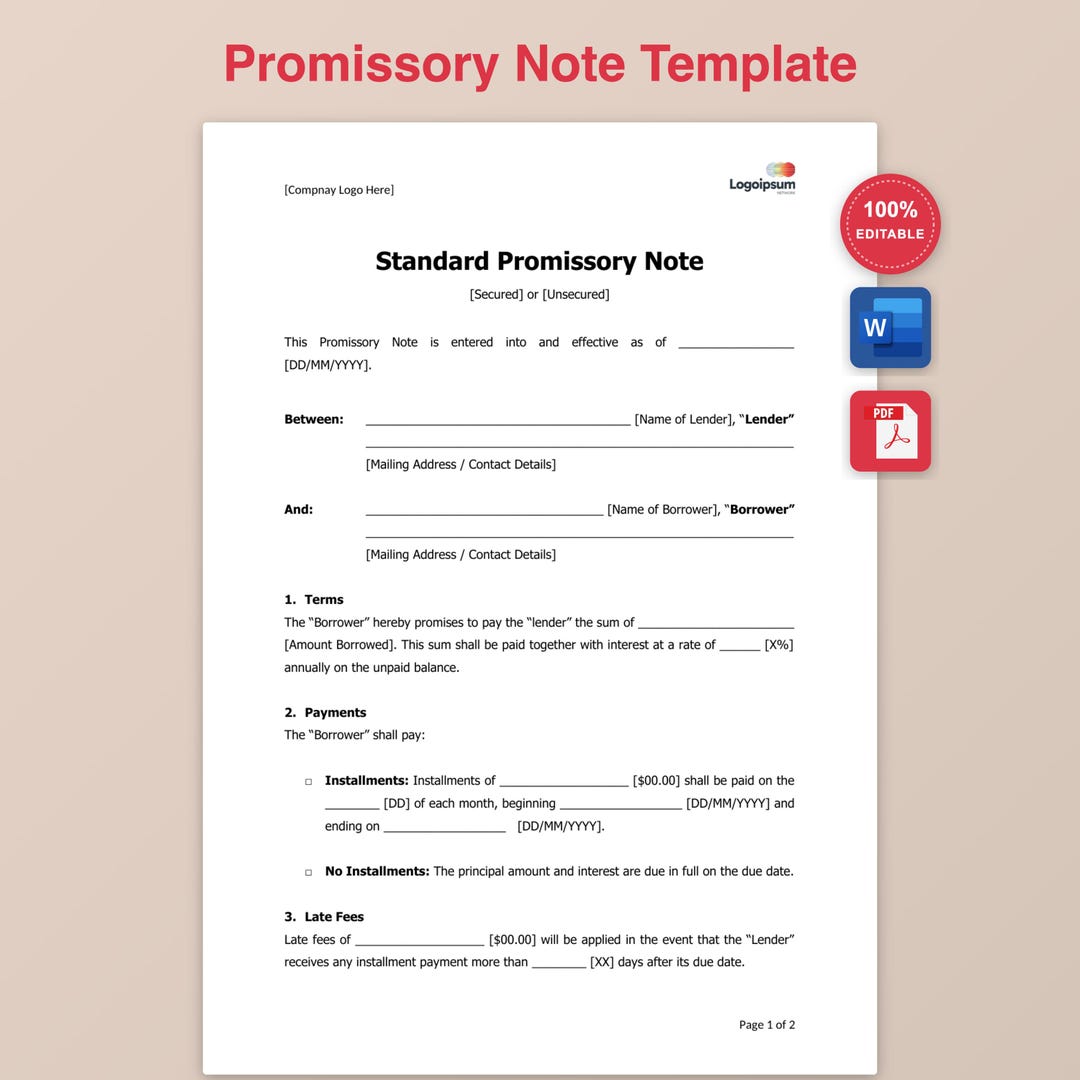 Promissory Note Editable Template, Loan Agreement Form Word PDF ...