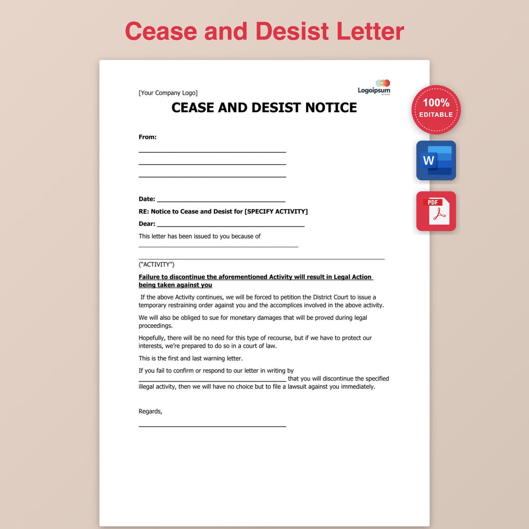 Cease and Desist Letter Template Download, Legal Notice Word PDF, Stop ...