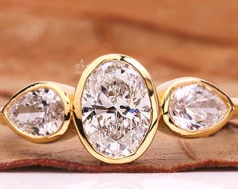 Oval Diamond Engagement Ring, Bezel Set Ring,Side Pear Diamond Proposal Ring,14K Yellow Gold Anniversary Trilogy Ring For Wife,Gift For Her