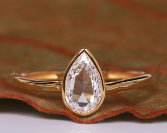 Anillo solitario de diamante ecológico de 1,0 quilates con talla pera rosa, anillo de compromiso con diamante cultivado en laboratorio engastado en bisel, anillo de oro macizo de 14 quilates, regalo de pedida de mano.