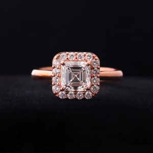 Asscher Lab Grown Diamond Halo Engagement Ring: Rose Gold Pave