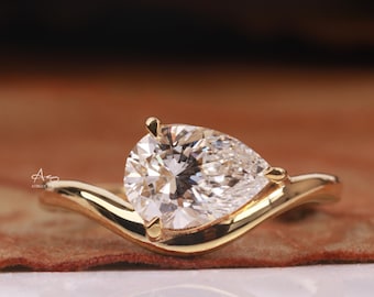 Birnenschliff Labor gewachsener Diamant geschwungener Ring, CVD Diamant Solitärring für Hochzeitsgeschenk, 14K Gelbgold Jahrestagsring für Frauen, Geschenk für sie