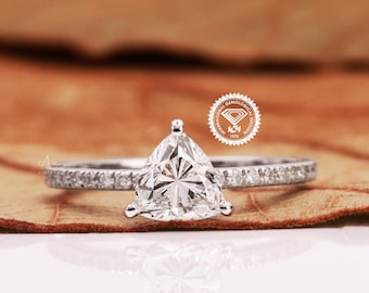 Trillion Cut Lab Diamond Engagement Ring, 14K White Gold Accent Bridal Ring, Anniversary Gift For Wife, Birthday Gifts, Promise Ring For Her