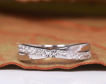 Crossover Round Lab Grown Wedding Ring, Solid White Gold Criss Cross Minimalist Ring, Stackable Ring For Women, X Cross Round Diamond Ring