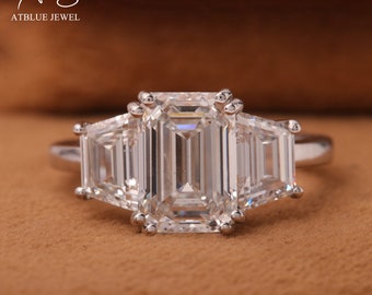 Emerald Cut Lab Grown Diamond Three Stone Ring, Hand Made Diamond Trilogy Ring For Her Side Trapezoid Cut Diamond Engagement Ring For Wife