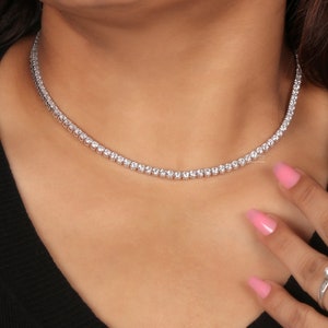 13.00TW Lab Grown Diamond Tennis Necklace: DE/VVS Round Cut, Adjustable 14 Inch