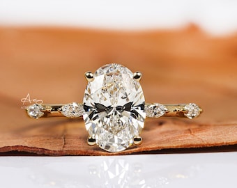 Anello di fidanzamento con diamante di laboratorio taglio ovale da 2,00 carati, diamante taglio marquise laterale, montatura a griffe rotonde, fede nuziale per lei, anello per anniversario