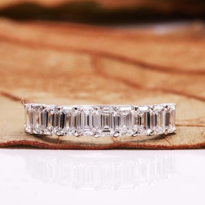 Emerald Cut Lab Grown Diamond Wedding Band: 14K White Gold Half Eternity