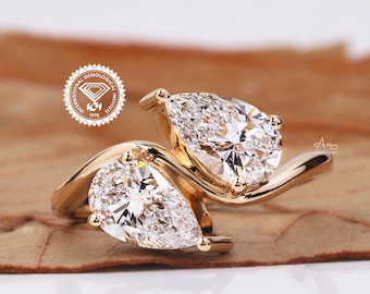 Pear Cut Toi Et Moi Engagement Ring, Two Stone Lab Grown Diamond Ring, Gold Bypass Anniversary Ring for Women, IGI Certified Bridal Ring