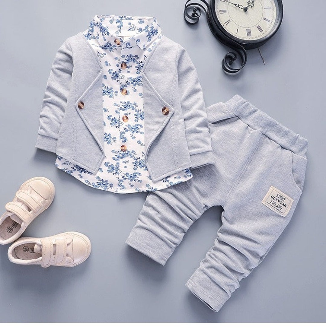 Stylish Baby Boy Outfit With Blue Floral Faux Pants Ring - Etsy