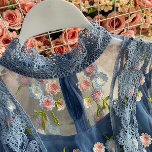 Floral Embroidery Mesh Splice Long Sleeve Side Drawstring Dress