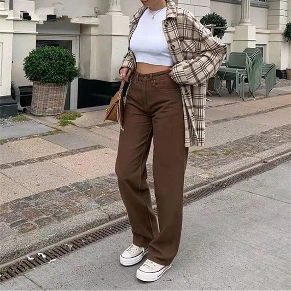 Buy Y2K Brown Jeans Vintage Wide Leg Jeans Aesthetic High Waisted Online in  India - Etsy