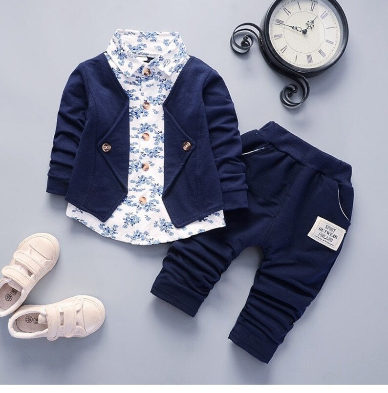 Stylish Baby Boy Outfit With Blue Floral Faux Pants Ring Etsy