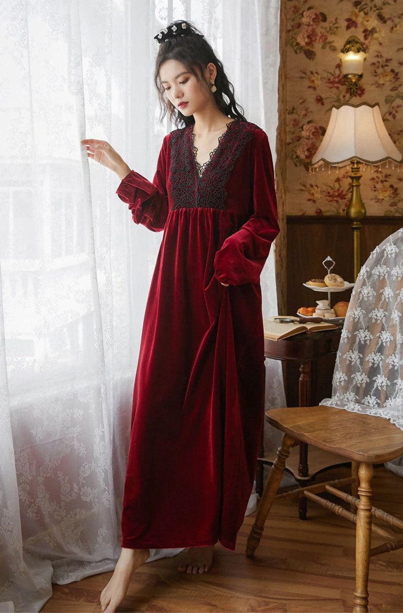 Women's Nightie Victorian Velvet French Nightdress V Neck - Etsy
