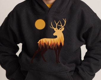 Sudadera con capucha de ciervo de montaña para niños, sudadera con capucha amante de la naturaleza al aire libre, suéter de montaña de alce, camping, sudadera con capucha de senderismo, amante de los animales, niños camisa de la naturaleza