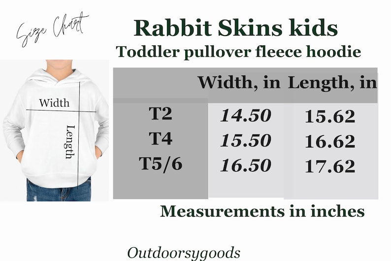 Puede incluir: Sudadera con capucha de forro polar blanca para ni&ntilde;os peque&ntilde;os con una tabla de tallas. La tabla muestra las medidas en pulgadas, es decir, en cm, para el ancho y el largo: T2 (36,8 x 39,7 cm), T4 (39,4 x 42,2 cm) y T5/6 (41,9 x 44,8 cm).