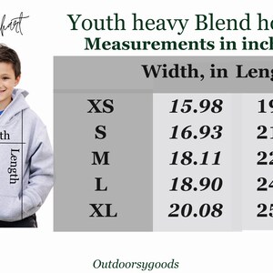 May include: Size chart for a youth heavy blend hoodie. The chart shows measurements in inches for width and length for sizes XS, S, M, L, and XL.