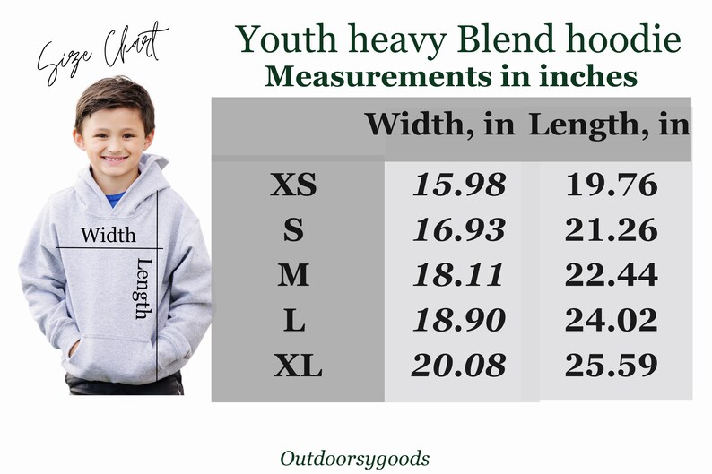May include: Size chart for a youth heavy blend hoodie. The chart shows measurements in inches for width and length for sizes XS, S, M, L, and XL.