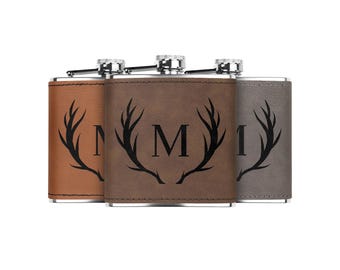 Deer antlers monogram flask gift for him custom flask with etched leather sleeve groomsman gift outdoorsy gifts for hunter best man gift