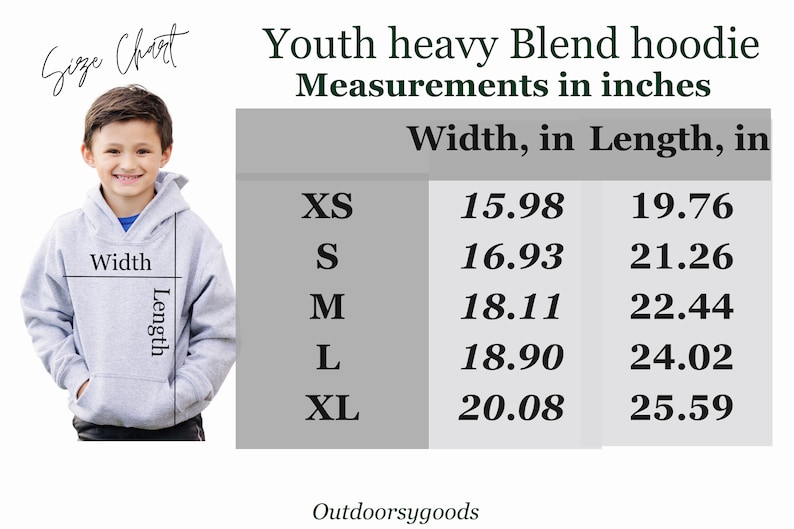 Puede incluir: Tabla de tallas de sudadera con capucha Youth Heavy Blend con medidas en pulgadas. La tabla muestra las medidas de ancho y largo para las tallas XS a XL. La imagen tambi&eacute;n muestra a un ni&ntilde;o con una sudadera con capucha gris.