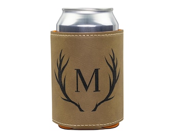 Deer antler monogram leather beverage holder gift for men custom beer can cooler gift for hunter personalized camping gear outdoorsy gifts