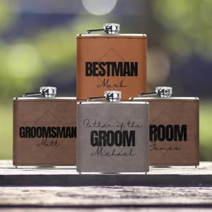 Bachelor party stainless steel flask with leather sleeve gift for groom personalized bestman proposal gift father of the groom custom flask