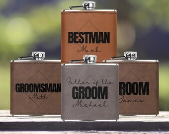 Bachelor party stainless steel flask with leather sleeve gift for groom personalized bestman proposal gift father of the groom custom flask