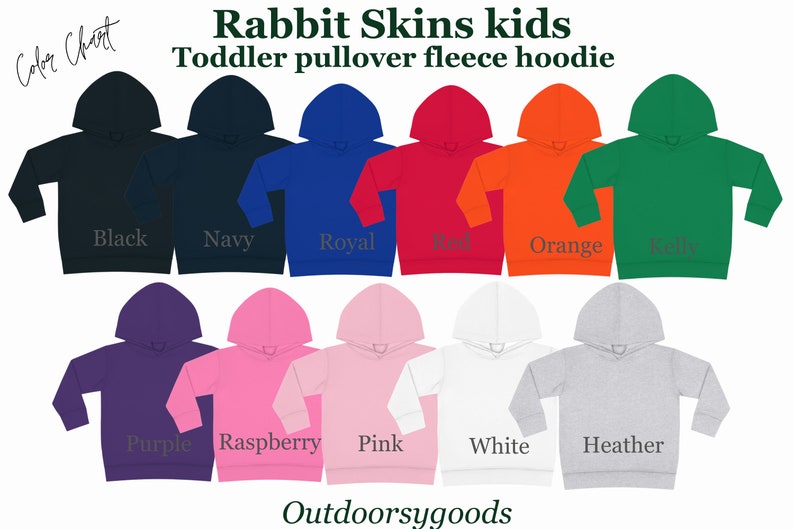 Puede incluir: Una exhibici&oacute;n de sudaderas con capucha de forro polar para ni&ntilde;os peque&ntilde;os en varios colores, incluyendo negro, azul marino, azul real, rojo, naranja, verde, morado, rosa, blanco y gris jaspeado. El texto "Rabbit Skins kids" y "Toddler pullover fleece hoodie" es visible.