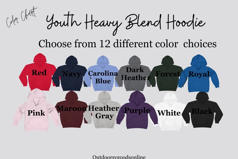 Puede incluir: Una carta de colores muestra sudaderas con capucha Youth Heavy Blend. La imagen presenta 12 opciones de color: rojo, azul marino, azul Carolina, gris oscuro, bosque, real, rosa, granate, gris jaspeado, morado, blanco y negro.