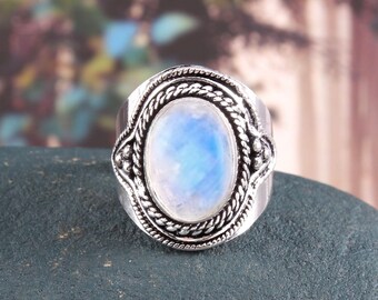 Rainbow Moonstone Ring, 925 Sterling Silver Ring, Blue Fire Moonstone Ring, Handmade Ring, Gift for Mother, Promise Ring, Anniversary Ring