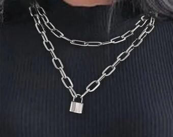 925 Sterling Silver, Women's Padlock Necklace, Fashion Lock Pendant Punk Choker Chain, Handmade Chain, All Size Necklace Jewelry silver