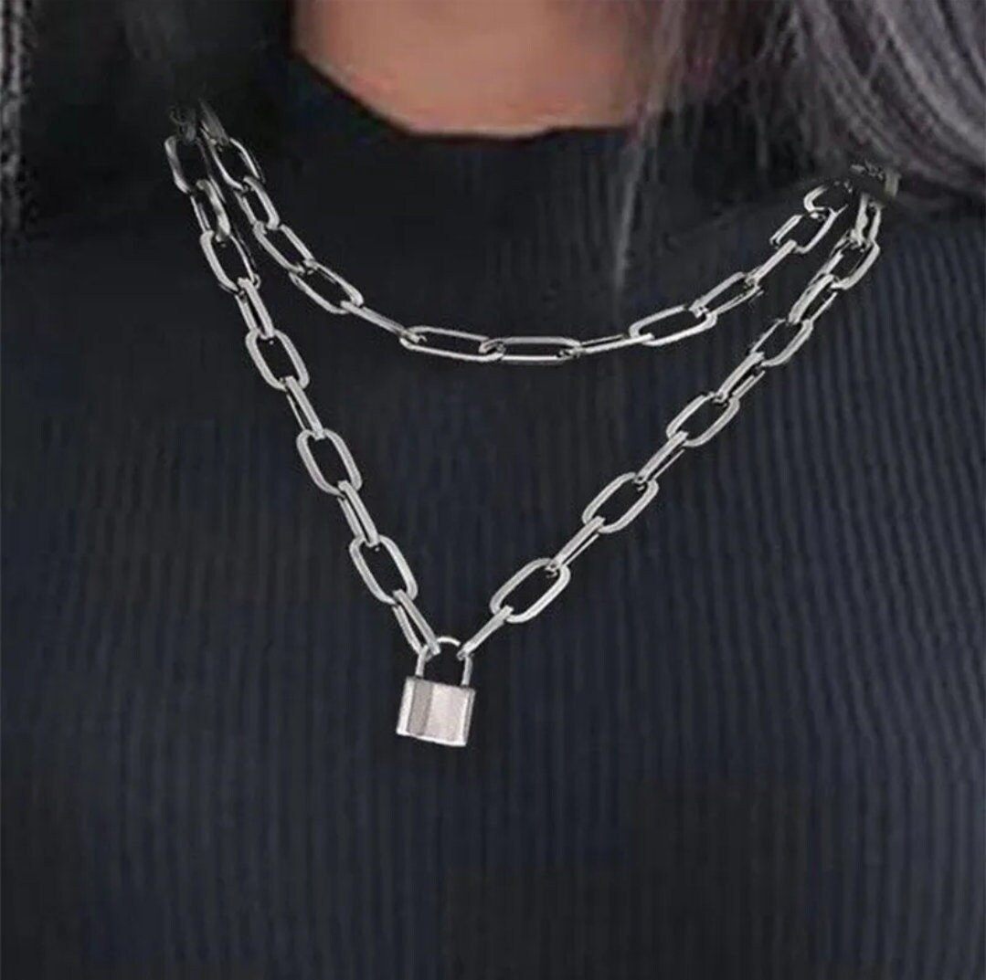 Qiuseadu Lock Key Pendant Necklace Statement Simple Rock Punk Hip Hop  Multilayer Chain Necklace for Women Girls Men Boys