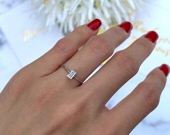 CZ Diamond Ring, Rectangle Stone,  Diamond Ring, Solitaire Ring, Stacking Ring, Layering Ring, CZ Diamond, Prong Setting, Dainty Ring