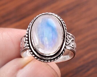 Moonstone Ring, 925 Silver Ring, Oval Moonstone, Gemstone Ring, Natural Moonstone, Statement Ring, Blue Fire Moonstone, Healing Moonstone