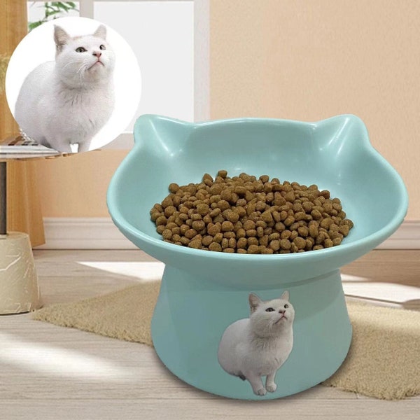 Personalized Cat Food Bowls Elevated Tilted,Anti Vomiting Orthopedic Kitty ceramics Bowls for Puppy and Bunny, Indoor Cats Water Food Stand