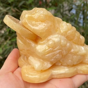 May include: A golden-yellow carved stone frog figurine, holding a coin in its mouth. The frog is detailed with textured skin and sits on a base. The figurine is a decorative item.