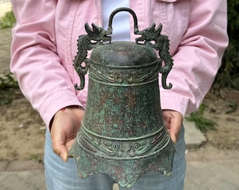 Huge Buddhism Temple Bell, Energy healing decor, Retro Copper Dragon Bell Zhong Chung, Rustic Singing Garden Yard Meditation Bronze Bell X54