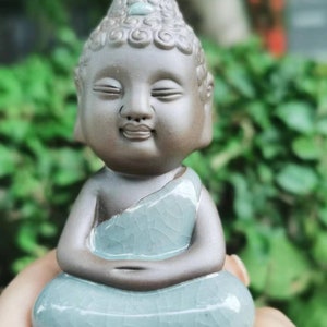 Blue Ceramics Buddha Statue Pottery and porcelain Idol Decorative Figurine Praying Meditation Figure Little Monk Figurine Baby Buddha .hhu19
