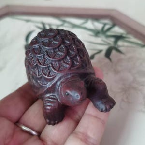 May include: A small, intricately carved wooden turtle figurine. The dark reddish-brown turtle has detailed shell patterns and is posed with its legs extended. The figurine is held in a hand.