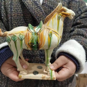 7.8&quot; Collect Old Chinese Ceramics Tang Sancai Pottery War-horse Statue, Ancient Tang Horse porcelain carved Feng Shui Decor zodiac horse