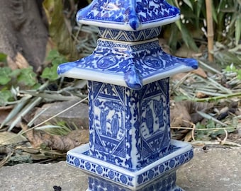 Eastern Mid-Century collection Ceramic Miniature Pagoda Tower Wenchang Hand-Painted Shiwan Blue White porcelain Zen Pagodas Fairy Garden A11